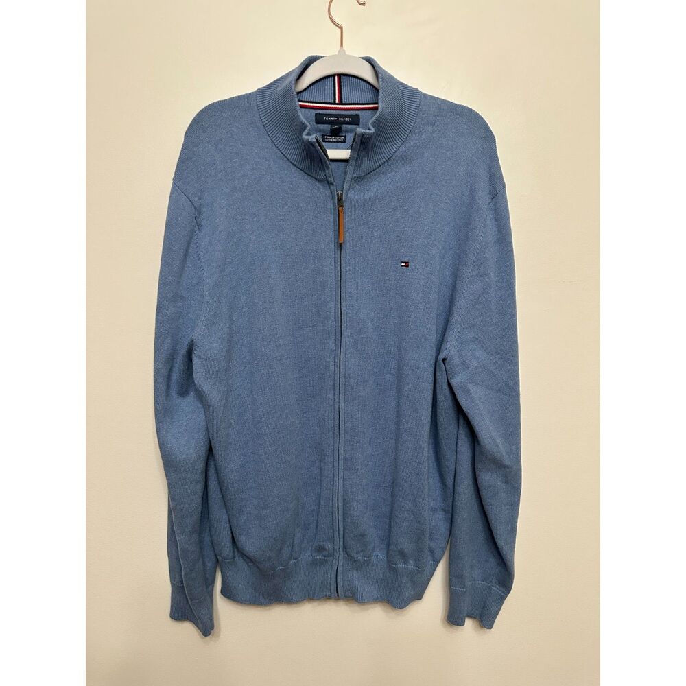 Tommy Hilfiger Menβs XL Blue Premium Cotton Full Zip Sweater Mock Neck Preppy